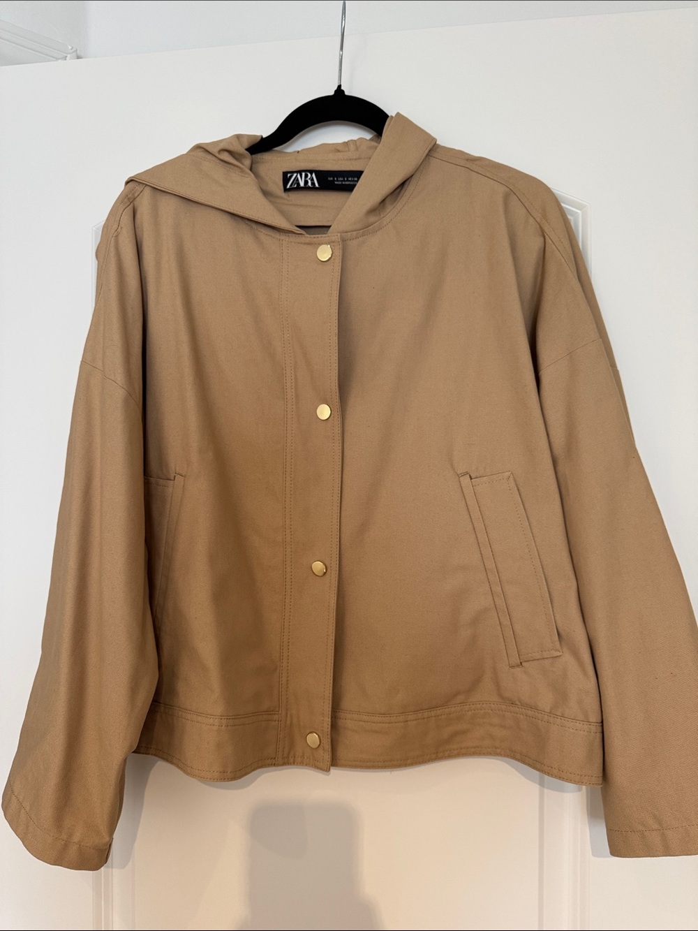 Zara Hooded Utility Jacket in Tan with Gold Snaps